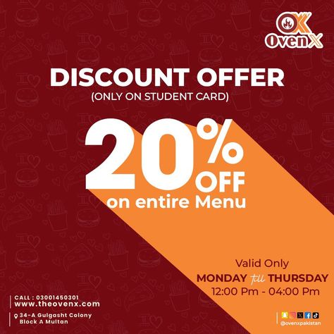 Calling all students! Enjoy a 20% discount with your student card. Fuel your studies and cravings with Oven X! 📚🍕 #StudentDiscount #ovenx 📍34-A Gulgasht Colony Multan Pakistan Contact: 0300 1450301 Student Discount Poster, Multan Pakistan, Student Card, Food Discount, Vegetarian Fast Food, Fast Food Restaurant, Student Discounts, Pizza Sauce, Restaurant Design