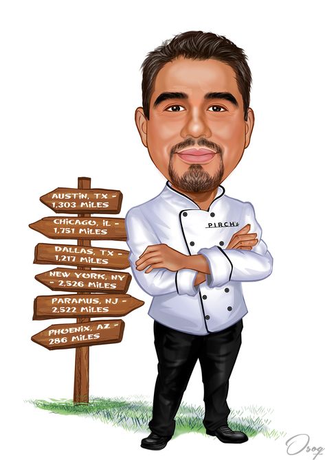 A man in a chef jacket and has the PIRCH logo to the jacket on the right side. Include a cartoon version of the road sign and have it to the side of the man with the following cities included: Austin, TX 1,303 miles; Chicago, IL 1,751 miles; Dallas, TX 1,217 miles; New York, NY 2,526 miles; Paramus, NJ 2,522 miles; Phoenix, AZ 286 Miles. Chef Caricature, Paramus Nj, Drawing Online, Cartoon Chef, Industrial Lamps, Cartoon Artist, Birthday Cartoon, Caricature Artist, Artist Custom