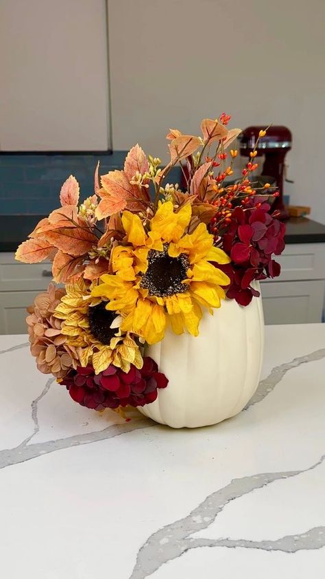 easy fall decoration 🍁 | pumpkin, flower, autumn, centrepiece | easy fall decoration 🍁 y'all, this pumpkin flower centerpiece is so cute and easy to make! | By Kristin's Friends | Facebook Autumn Centrepiece, Pumpkin Flower Centerpiece, Kristin's Friends, Crafts Fall, Easy Fall Decor, Flower Centerpiece, Pumpkin Flower, Fall Decoration, Be Amazing