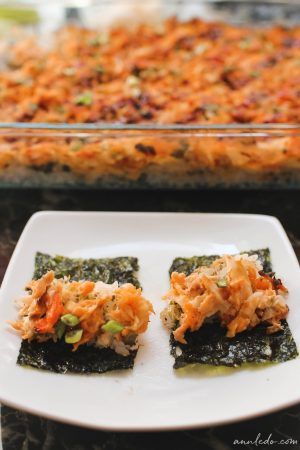 Salmon Sushi Bake - Ann Le Do Sushi Bake Recipe Easy, Salmon Sushi Bake Recipe, Salmon Sushi Recipes, Salmon Sushi Bake, Sushi Bake Recipe, Entertaining Meals, Spicy Salmon Sushi, Sushi Bake, Asian Dish