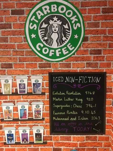 Bookstore Classroom Theme, Starbooks Reading Area, Coffee Shop Classroom, Starbooks Library, Starbucks Themed Library, Starbucks Classroom Transformation, Starbooks Library Display, Book Tasting, Library Cafe