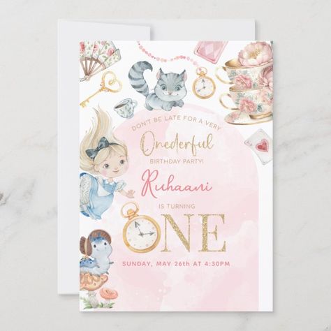 Create your own Invitation | Zazzle 1st Birthday Tea Party, Alice In Wonderland 1st Birthday, Alice In Wonderland Themed Birthday, Wonderland Party Invitations, Wonderland Party Theme, Alice In Wonderland Invitations, Wonderland Invitation, Birthday Tea Party, Alice In Wonderland Tea Party Birthday