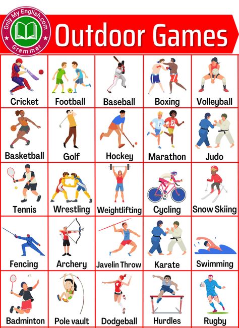 List of Outdoor Games Name with Picture » OnlyMyEnglish All Sports In One Picture, Outdoor Games For Kids At School, List Of Sports, Sport English, General Knowledge For Kids, English Knowledge, Game Name, Opposite Words, Learning Books