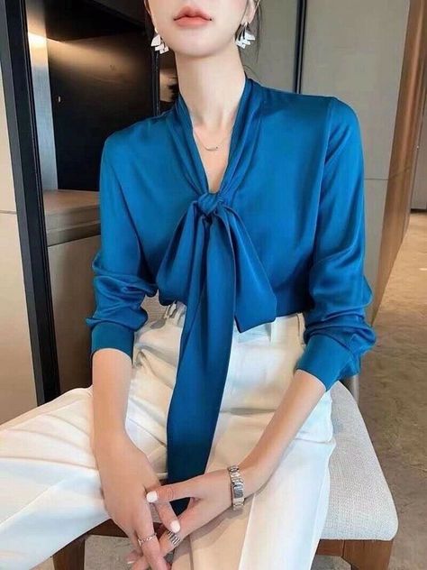 Bow Tie Blouse Outfit, Tie Neck Blouse Pattern, Tie Neck Blouse Outfit, Tie Blouse Outfit, Fringed Vest Outfit, Blouse Outfit Ideas, Bow Tie Shirt, Tie Neck Shirt, Shirt Dress Outfit