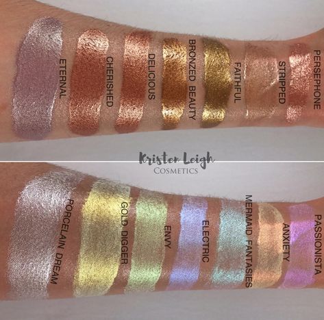 Arm Swatches | Glitter Shimmer Makeup | Colorful Highlight and Eye Shadow | Reflects | Gold Bronze Yellow | Orange Pink Blue | Highlighters Makeup #makeup #highlighter #highlight #shimmer #glitter #swatches Pin: @amerishabeauty Blue Highlighter, Yellow Highlighter, Glow Drops, Glitter Highlight, Shimmer Makeup, Liquid Highlighter, Highlighter Makeup, Colorful Makeup, Cool Tones