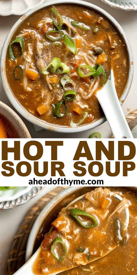 Homemade Hot and Sour Soup is tangy, spicy, and so much better than takeout! This classic Chinese soup has an aromatic broth that is loaded with mushrooms, tomatoes, and carrots, then thickened with cornstarch for a glossy, silky texture. Stir in whisked egg for delicate egg ribbons that soak up all that flavor. Ready in just 25 minutes, it's faster than ordering takeout! Hot and sour soup is a traditional Chinese dish known for its flavor. | aheadofthyme.com #hotandsoursoup #c via @aheadofthyme Chicken Tom Yum Soup Recipe, Chinese Rice Soup, Hot Sour Soup Chinese, Authentic Hot And Sour Soup, Chinese Tomato Soup, Chinese Hot And Sour Soup, Hot And Sour Soup Recipe Authentic, Hot And Sour Soup Recipe Easy, Thai Hot And Sour Soup