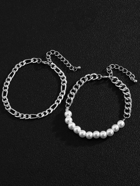 2pcs Men Faux Pearl Decor Bracelet | SHEIN USA Pearl Necklace Men, Chunky Choker Necklace, Mens Chain Bracelet, Heart Shaped Pendant Necklace, Fairy Necklace, Diy For Men, Pearl Decor, Hand Bracelet, Beaded Accessories