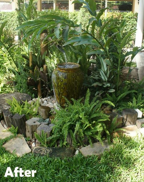 Thai garden water fountain corner space fern foliage ideas landscaping Lakehouse Garden, Bubble Fountain, Diy Garden Decorations, Diy Wood Decor, Thai Garden, Tropical Gardening, Landscaping Water Feature, Tropical Backyard Landscaping, Small Tropical Gardens