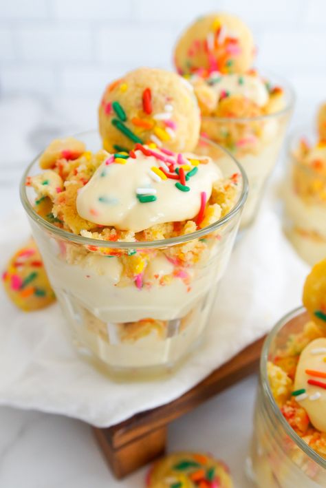 Funfetti Cookie Parfaits | Bake at 350° Fluffy Cookies, Cookies Sprinkles, Cookie Parfait, Sour Cream Biscuits, Pumpkin French Toast Casserole, Mini Meals, Yogurt Parfaits, Parfait Cups, Dessert Shooters