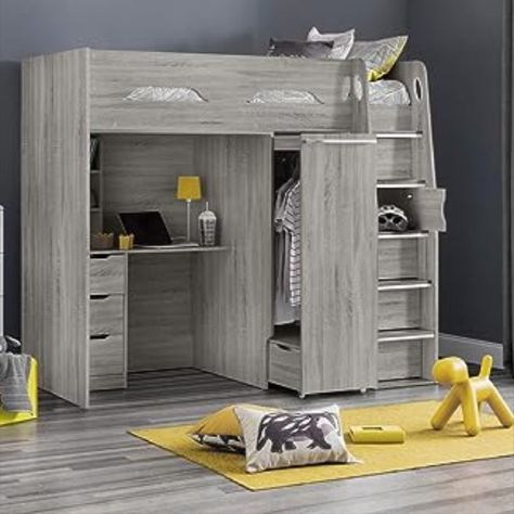 Perfect for Kids 6 + and Teenagers
Grey Oak effect finish, Pegasus features an incredibly practical pull-out wardrobe with integral storage drawer, which maximises space in a compact footprint.
Significant storage space
Hidden storage behing the steps! Cupboard Dimensions - 38 x 35 x 26cm
Compact footprint - perfect for even the smallest of bedrooms
Built in Desk with drawers
Built in pull-out wardrobe High Sleeper With Desk, Kids Wooden Bed, Functional Bedroom, Desk Wardrobe, Furniture For Kids, High Sleeper Bed, High Sleeper, Cabin Bed, Grey Desk