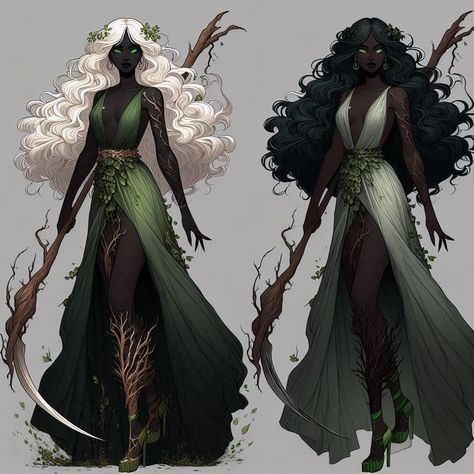 Dark Elf Druid Female, Elf Cosplay Black Women, Green Witch Character, Druid Clothes, Black Elf Woman, Elf Cosplay, Witch Characters, Fantasy Props, Fashion Design Collection