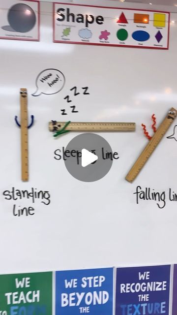 Nylah Khan on Instagram: "Thought I’d share how I teach vertical, horizontal and diagonal lines to Pre-K & kindergarten!! When I was little, I always had a hard time understanding and remembering what those big words meant. So when I started teaching this concept nearly 20 years ago, I remembered the little Nylah, and basically simplified them to, “standing line”, “sleeping line” and “falling line”, and it’s stuck ever since! My students make a smooth transition eventually with the right vocabulary! Oh, and I also LOVE using Andrew’s visuals when I teach about lines, they are perfect for our line projects!@elementaryarts • • • • • • • #lines #linesandshapes #elementsofart #simplifyteachingconcepts #simplifyteaching #kindergartenart #artteachers #artteachersofig #artteachersofinstagr Vertical Line Activities For Preschool, Types Of Lines Activities, Standing And Sleeping Line Activity, Sleeping Line Activity, Standing Lines Activities For Preschool, Standing Line Activity, Lines For Kindergarten, Teaching Aids For Kindergarten, Kindergarten Drawing