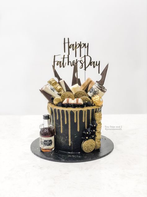 Black buttercream father’s day cake with gold drip, mini alcohol bottles and chocolates Cake With Gold Drip, Black Buttercream, Happy Fathers Day Cake, Mini Alcohol Bottles, Alcohol Cake, Cake With Gold, Gold Drip, Fathers Day Cake, Alcohol Bottles