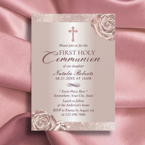 $2.85 | First Holy Communion Modern Rose Gold Floral #first holy communion, communion, first communion, religious, girl, elegant, holy cross, floral, rose gold glitter, modern Holy Communion Invitations, Rosé Theme, First Communion Invitations, Glitter Invitations, 1st Communion, Communion Party, Communion Invitations, Holy Cross, Engagement Party Invitations