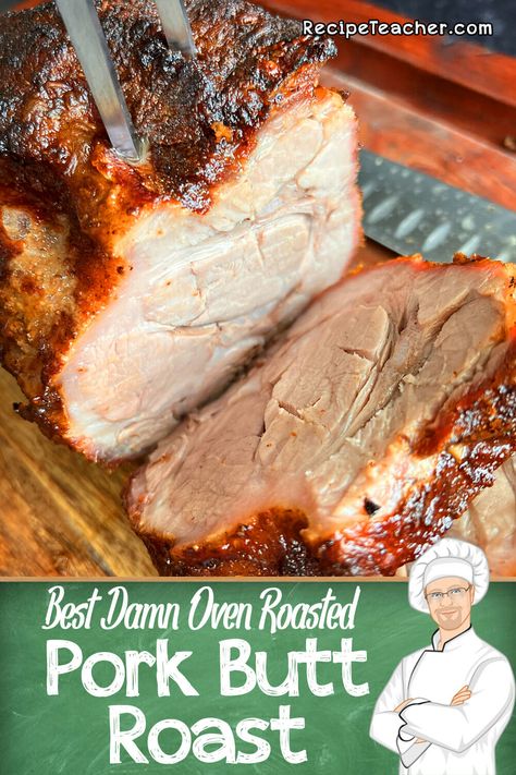 So juicy, tender and succulent, this easy recipe for oven roasted pork butt is sure to please. Pork Roast Recipes Oven, Oven Roasted Pork Loin, Oven Roasted Pulled Pork, Oven Roasted Pork, Picnic Roast, Pork Meals, Pork Roast In Oven, Pork Shoulder Recipes, Pork Roast Recipes