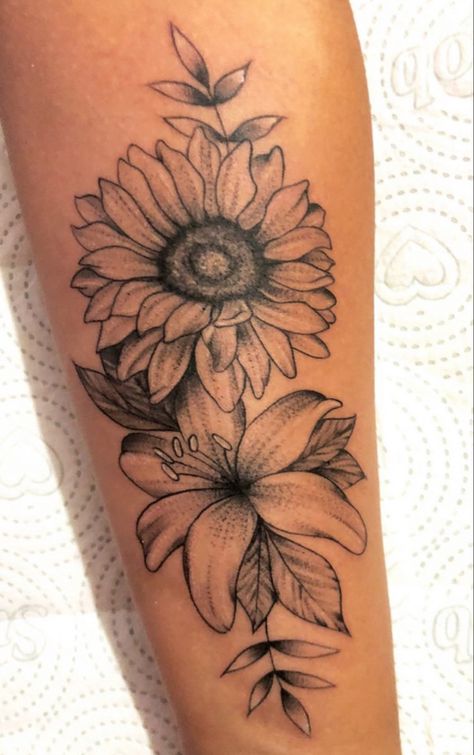 Hibiscus And Sunflower Flower Tattoos, Stargazer Lily And Sunflower Tattoo, Lilly Sunflower Tattoo, Sunflower And Tiger Lily Tattoo, Orchid Sunflower Tattoo, Tiger Lily And Sunflower Tattoo, Gerber Daisy Tattoo Sleeve, Lillies And Sunflowers Tattoo, Lilly And Sunflower Tattoo