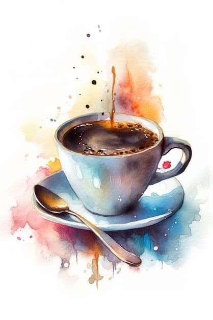 Coffee Cup Art Paintings, Coffee Cup Watercolor, Coffee Art Painting, Coffee Watercolor, Coffee Cup Art, Handmade Mug, Cup Art, Watercolor Painting Techniques, 수채화 그림