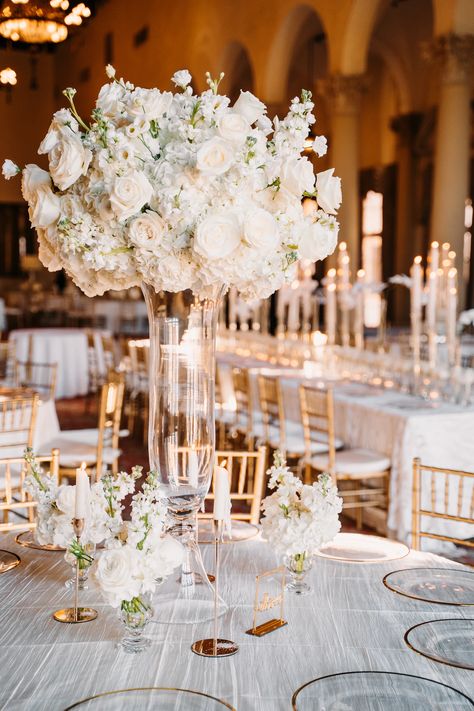 Biltmore Hotel Wedding | Melissa & George White Centerpiece Wedding, Elevated Centerpiece, Melissa George, Biltmore Hotel, Coral Gables Florida, Grand Ballroom, The Biltmore, Wedding Floral Centerpieces, Tall Centerpieces