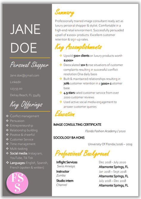 Create a Fashion Stylist Resume even when you have No Experience. This sample was created for a career changer just like you. Comes in 2 column resume template. In grey & white with orange accents. Features: Word Format, without photo, 1 page #fashioncvexamples #fashionresumetips Resume Without Photo, Cv Design Without Photo, Fashion Stylist Resume, Fashion Cv, Fashion Business Plan, Fashion Resume, Internship Fashion, Resume No Experience, Cv Design Template