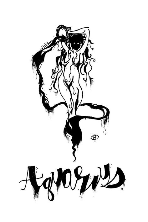 Dark Aquarius Tattoos, Sagittarius And Aquarius Tattoo, Gothic Aquarius Tattoo, Creepy Aquarius Tattoo, Dark Aquarius Aesthetic, Aquarius Siren Tattoo, Aquarius Tarot Card Tattoo, Witchy Aquarius Tattoo, Aquarius Drawing Zodiac Art