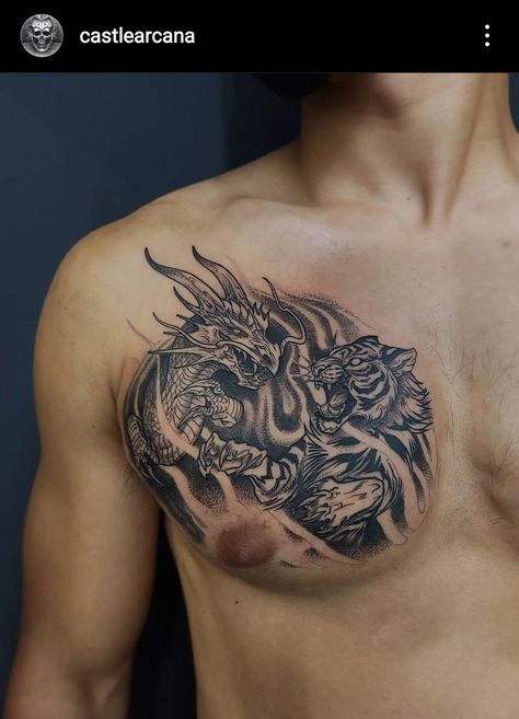 Dragon tiger Asian style chest tattoo masculine idea inspo inspiration animal fantasy epic tattoos Dragon Tattoo Chest Men, Collarbone Tattoo Men, Dragon And Tiger Tattoo, Dragon Tattoo Shoulder, Dragon Tattoo Chest, Dragon And Tiger, Hurt Comfort, Dragon Tattoos For Men, Chinese Dragon Tattoos