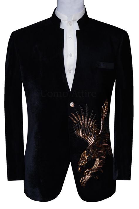 Prince coat is the perfect way to add a touch of glamour to any outfit, so get customize this Eagle Embellished Nehru Cut Style Black Velvet Luxury Prince Coat for glamourous look on your special day. - Embellished Eagle adds extra touch of fashion - It's made to measure, so it's guaranteed to fit you perfectly. Luxury Bollywood Nehru Jacket For Formal Occasions, Luxury Designer Embellished Nehru Jacket, Work Jodhpuri For Mens, Luxury Black Nehru Jacket For Festivals, Prince Suit For Men Wedding, Mens Bandhgala, Luxury Tuxedo, Prince Suit, Black Velvet Suit