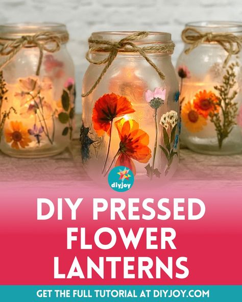 Easy DIY Pressed Flower Lanterns Tutorial Pressed Flower Lanterns, Fall Hanging Baskets, Pressed Flowers Diy, Stepping Stones Diy, Mason Jar Projects, Diy Lanterns, Mason Jar Gifts, Pinterest Diy, Yarn Diy