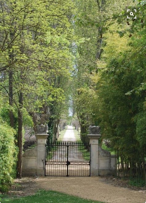 Love this gate and tree-lined road. Can't see the home, leaves it to the imagination... Driveway Entrance, Front Gates, Driveway Gate, Iron Gate, Entrance Gates, Avignon, Alam Yang Indah, A Park, House Entrance