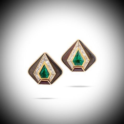 Marina B. MULTI-GEM EARRINGS. Mother-of-pearl, kite-shaped emeralds, trapeze-shaped rubies, baguette-cut diamonds, 18K yellow gold (French marks), signed Marina B, maker's marks (Marina B and Pierre Brun SA), numbered. Size/Dimensions: 2,2 cm. Gross weight: 19,9 gr. #MarinaB #FineJewelry #HauteJoaillerie #PreciousGemstones #Diamond #Ruby #Emerald #MotherOfPearl Gem Earrings, Ruby Emerald, Jewelry Style, Baguette Cut Diamond, Baguette Cut, Precious Gemstones, Makers Mark, Mother Of Pearl, Jewelry Pieces