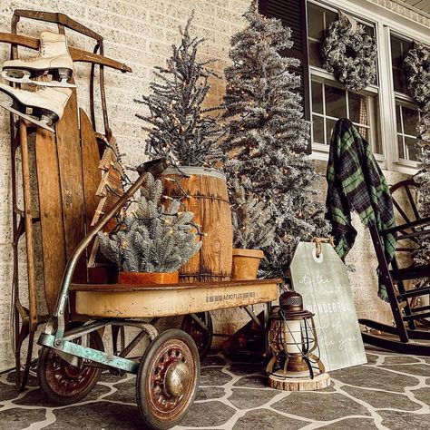 Outdoor Winter Wonderland, Wagon Decor, Christmas Wagon, Natural Wood Accents, Wooden Cart, Rustic Christmas Decor, Cottage Decor Farmhouse, Christmas Decor Inspiration, Red Wagon