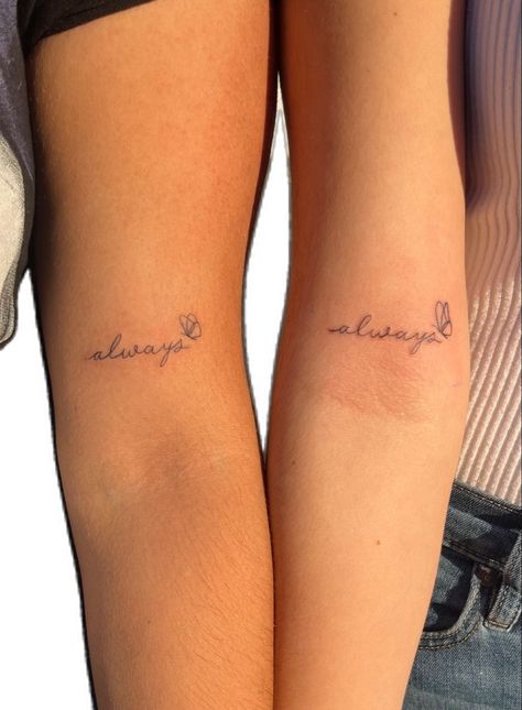 matching best friend tattoo cursive always butterflies minimalist simple small arm tattoo inner arm Bff Tattoos Small Unique, Unique Matching Tattoos For Best Friends, Matching Best Friend Tattoo, Best Friend Tattoo, Matching Tattoos For Best Friends, Tattoos For Best Friends, Matching Friend Tattoos, Animal Paintings Acrylic, Matching Best Friend Tattoos