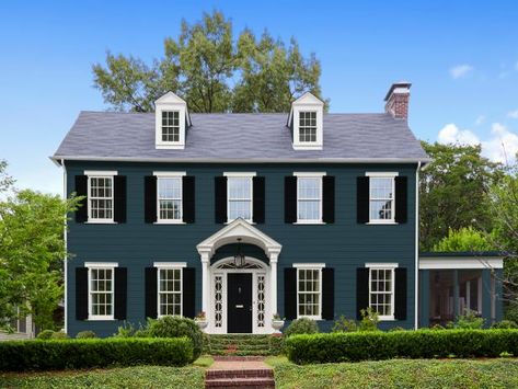 Navy Blue House Exterior White Trim Black Shutters, Houses With Black Shutters And Doors, Gray Houses With Black Shutters, Painting House Trim Exterior, Blue And Black Exterior House, Black Shutters Blue House, Homes With Shutters Exterior Colors, Shutters On Blue House, Dark Blue House With Black Trim