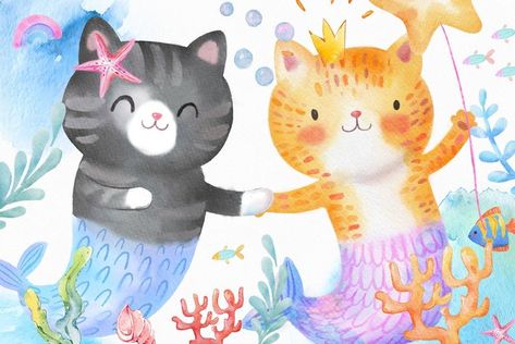 Cat Clip Art, Kitty Png, Cat Mermaid, Mermaid Cat, Mermaid Clipart, Cat Digital, Watercolor Mermaid, Cute Mermaid, Art Funny