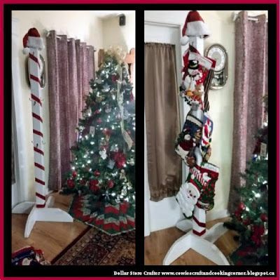 Dollar Store Crafter: Turn An Old Coat Rack Into A North Pole Stocking H... Christmas Decorations Candy Canes, Homemade Outdoor Christmas Decorations, Stocking Holder Ideas, Christmas Stocking Holder Stand, Christmas Stocking Stand, Christmas Stockings Diy, Stocking Holder, Christmas Stocking Holders, Christmas Decorations Living Room