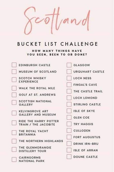 Scotland Bucket LIst Bucket List Challenge, Scotland Bucket List, Scotland Vacation, List Challenges, Travel Wishlist, Voyage Europe, Travel Checklist, Travel List, Scotland Travel