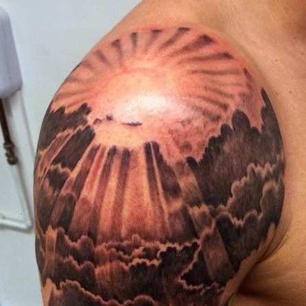 Ray Of Sunshine Tattoo, Sun On Shoulder Tattoo, Sun Tattoo Shoulder, Bieber Tattoos, Sun Rays Tattoo, Justin Bieber Tattoos, Sunshine Tattoo, Ray Tattoo, Dad Tattoo