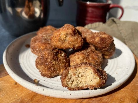 These bites are dangerously good. Like oops ate ‘em all good. It's a quick and easy project for when you need donut holes NOW. Servings: 10-12 small donut holes   Ingredients 1/2 cup mashed banana 3/4 cup Popcorn Pancake Mix 4 tablespoons butter, melted 1/3 cup sugar 1 teaspoon cinnamon Pinch of salt Cooking spray   In Blue Corn Pancakes, Cinnamon Sugar Donut Holes, Corn Pancakes, Cinnamon Sugar Donuts, Sugar Donut, Organic Maple Syrup, Gluten Free Pancakes, Donut Holes, Waffle Mix