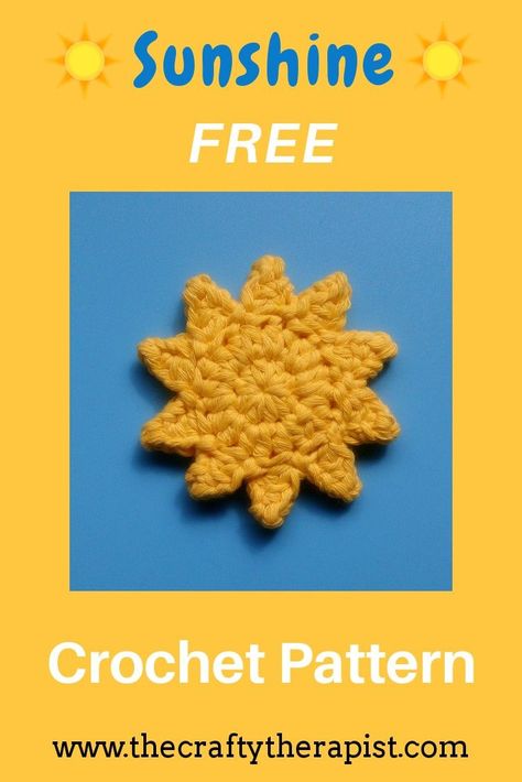 Quick easy crochet sun. Perfect as an applique motif or on a hanging mobile or window art. #freecrochetpattern #crochetapplique #suncrochetpattern #sunshinecrochetpattern Sun Applique Crochet, Small Sun Crochet Pattern, Crochet Sun Tutorial, Crochet Nature Applique, Crochet Sunshine Pattern, Crochet Sun Applique Free Pattern, Sun Pattern Crochet, Dandelion Crochet Pattern, Crochet Clouds Pattern Free