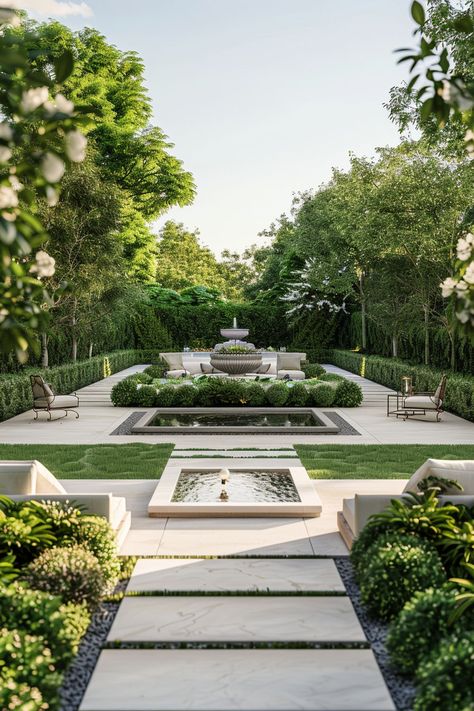 Formal Courtyard Garden, Formal Vegetable Garden Design, Modern Tudor Landscaping, Courtyard Architecture Concept, Modern English Garden, Mediterranean Landscape Design, Atrium Garden, French Garden Design, Mediterranean Garden Design