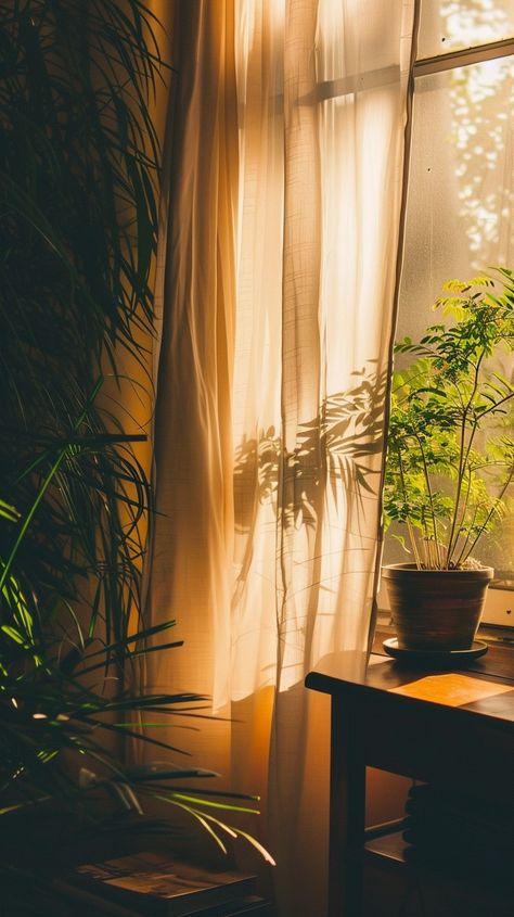 Sunlit Peaceful Corner: Warm #sunlight filters through sheer #curtains, casting a golden glow over a cozy indoor #plant. #indoor #warm #aiart #aiphoto #cozycorner ⬇️ Download and 📝 Prompt 👉 https://stockcake.com/i/sunlit-peaceful-corner_302261_410927 Plant Magazine, Social Media Mood Board, Sunlight Aesthetic, Indoor Background, Sunlight Photography, Window Nook, Peaceful Morning, Coffee Shop Photography, Cozy Lighting