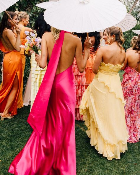 Editorial Wedding Photographer | Cleo gave her bridesmaids a color palette and told them to choose all their own dresses. This gives your bridesmaids the chance to choose… | Instagram Bridesmaids Colorful Dresses, Fun Summer Wedding Colors, Bridesmaid Dresses Not Matching, Relaxed Bridesmaid Dresses, Colorful Black Tie Wedding Guest, Bright Color Bridal Party, Bright Fall Bridesmaid Dresses, Different Color Bridesmaids Dresses, Wedding Guest Dress Garden Party