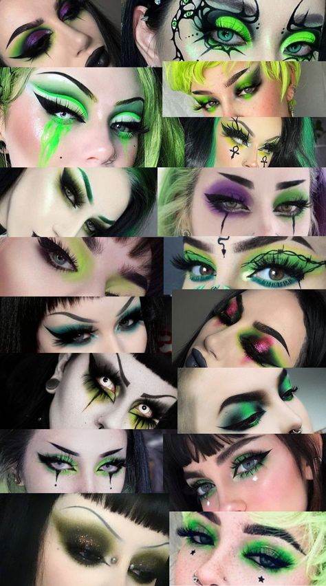 Green Gothic Eyeshadow Ideas Green Gothic Eye Makeup, Makeup Looks Glam Colorful, Green Vampire Makeup, Goth Pink Eyeshadow, Green Scene Makeup, Green And Black Goth Makeup, Alternative Green Makeup, Cybergoth Makeup Eyes, Cold Face Makeup