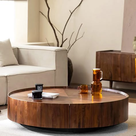 Loon Peak® Frutoso Mid-Century Modern Block Coffee Table, Round Walnut Wood Grain Pattern Living Room Table | Wayfair Modern Round Coffee Table, Centre Table Living Room, Modern Wood Coffee Table, Center Table Living Room, Simple Side Tables, Round Coffee Table Modern, Walnut Coffee Table, Simple Living Room, Solid Wood Coffee Table