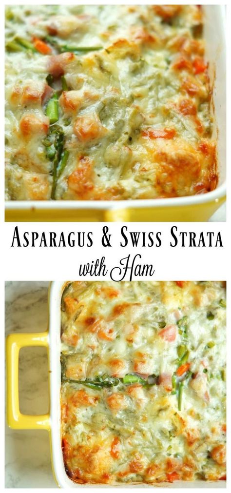 Asparagus and Swiss Strata with Ham is the perfect overnight breakfast casserole for Christmas morning! Asparagus Breakfast Casserole, Asparagus Strata, Asparagus Breakfast, Ham And Asparagus, Strata Recipes, Overnight Breakfast, Overnight Breakfast Casserole, Turkey Ham, Brunch Dishes