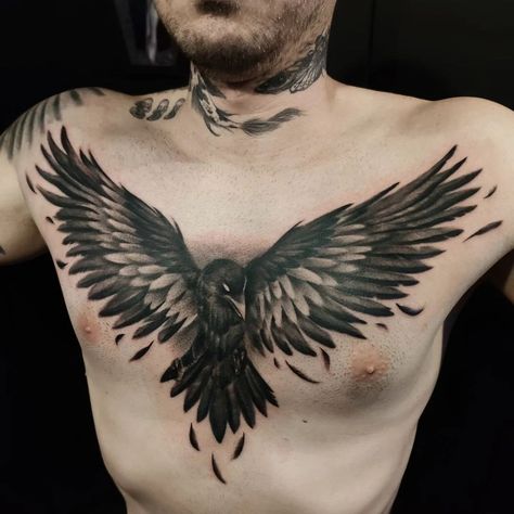 Black And White Chest Tattoo, Bird Chest Tattoo Men, Crow Chest Tattoo, Bird Chest Tattoo, Chest Tattoo Birds, Traditional Tattoo Dragon, Coloured Rose Tattoo, Black Crow Tattoos, Bird Tattoo Ideas