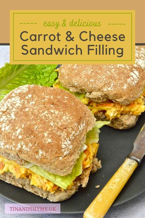 A super tasty and nutritious filling to liven up your workaday cheese sandwich. This recipe for carrot and cheese sandwich filling will revolutionise your lunch box and it's great for picnics too. #TinandThyme #PicnicFood #SandwichFilling #VegetarianSandwichRecipes #CarrotandCheese Carrot Sandwich, Vegetarian Sandwich Recipes, Vegetarian Casserole, Uk Recipes, Sandwich Ideas, Homemade Lunch, Sandwich Fillings, Vegetarian Appetizers, Vegan Sandwich