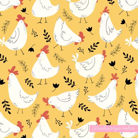 Chicken Pattern Wallpaper, Farm Pattern Illustration, Chicken Phone Wallpaper, Cute Chicken Art, Chicken Illustration Design, Animal Pattern Illustration, Chicken Wallpaper, Chicken Drawing, Chicken Illustration