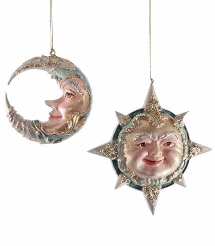 Celestial Sun & Moon Ornaments Space Ornaments, Solstice Tree, Goth Xmas, Summer Ornaments, Celestial Christmas, Hp Christmas, Sun Faces, Fantasy Christmas, Paper Mache Christmas