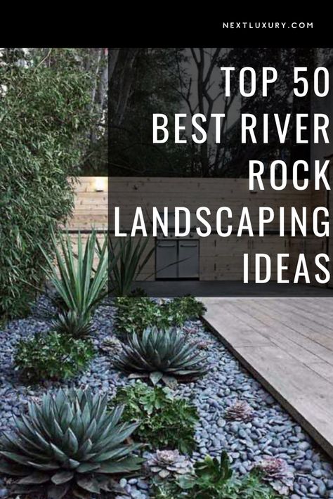 River Rock In Landscaping, Landscaping With River Rocks, Riverbed Landscaping, Rock Hillside Landscaping Ideas, River Rocks Landscaping, Landscaping With River Rock, Entry Water Feature Landscape Design, Black River Rock Landscaping, Front Yard Rock Landscaping Ideas