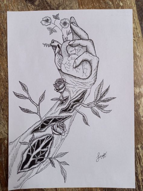 I made this myself:) pls follow me on instagram sayente_portfolio ♡ Healing Drawing, Surreal Sketch, Gcse Art Sketchbook, Art Sketches Doodles, Heart Drawing, Beauty Art Drawings, Dark Art Drawings, Nature Drawing, Beautiful Dark Art